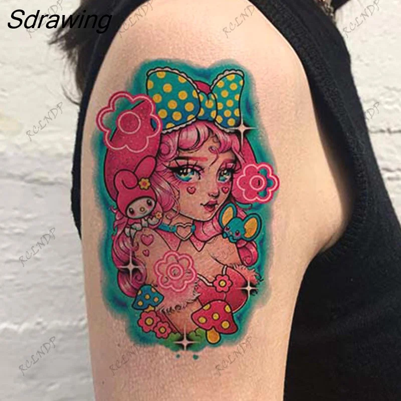 Sdrawing Temporary Tattoo Sticker Anime Cartoon Cute Pink Hair Girl Flower Necklace Fake Tatto Flash Tatoo Art for Women Men