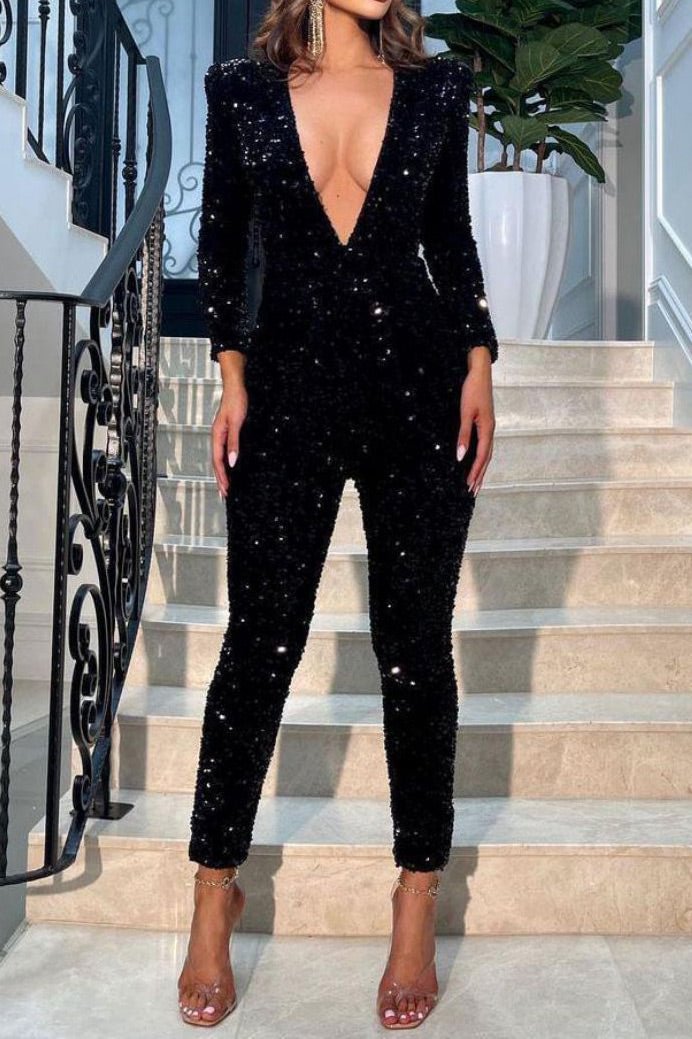 Sexy Black Plunging Long Sleeve Sparkly Jumpsuit - Chicaggo