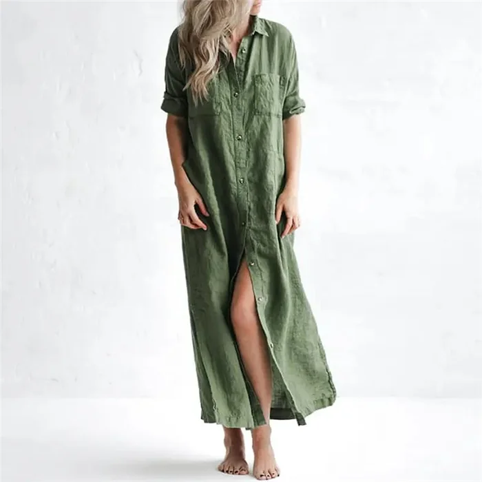 Casual lapel pocket solid color split shirt dress