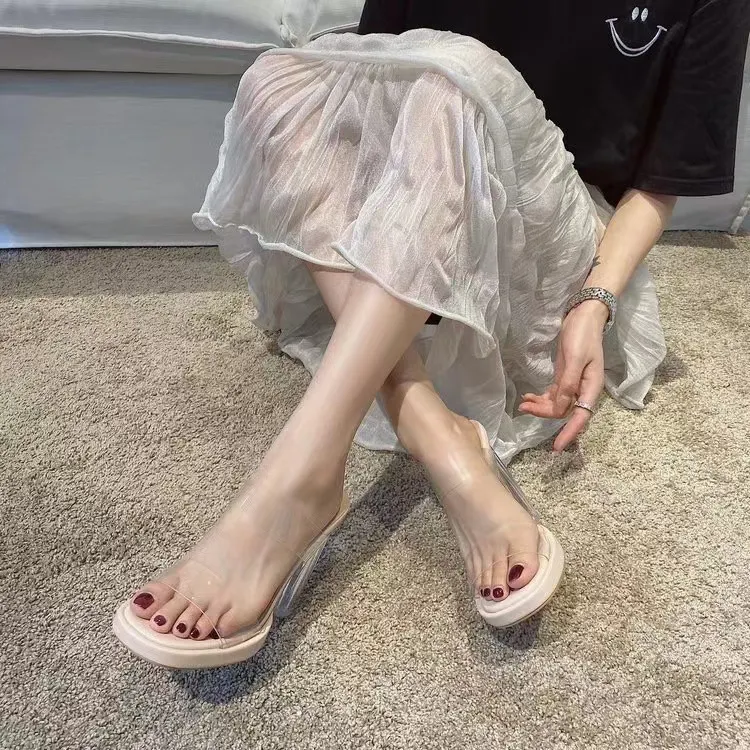 Breakj Breakj Slippers Women 2025 Summer New One-Word Wearing Fashion Coarse And Transparent Slippers Ladies