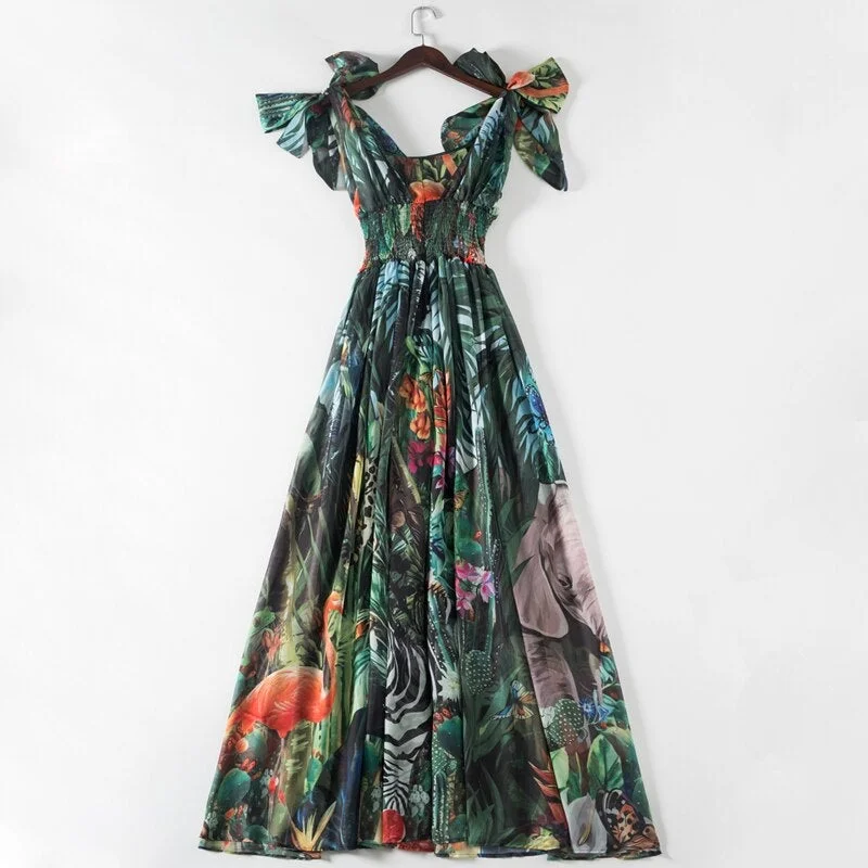 Runway Women's Summer Plus Size Long Dresses Elastic Waist Deep V-Neck Forest Animal Print Chiffon Holiday Maxi Dresses