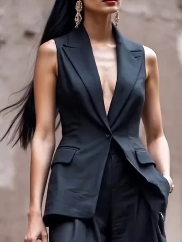 Solid Color Split-Joint Sleeveless Lapel Vest Top
