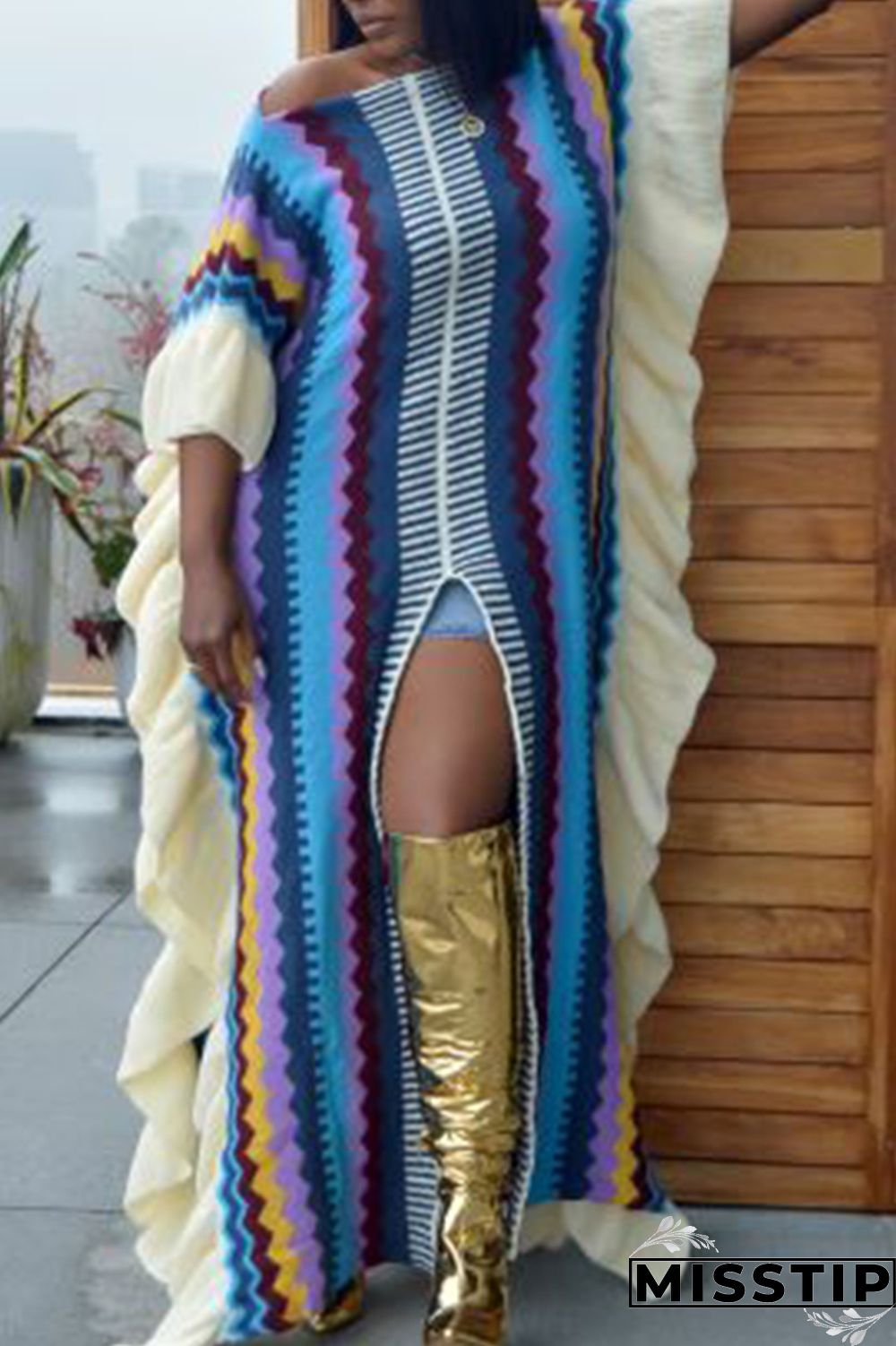 Blue Casual Print Patchwork Flounce Slit O Neck Straight Dresses