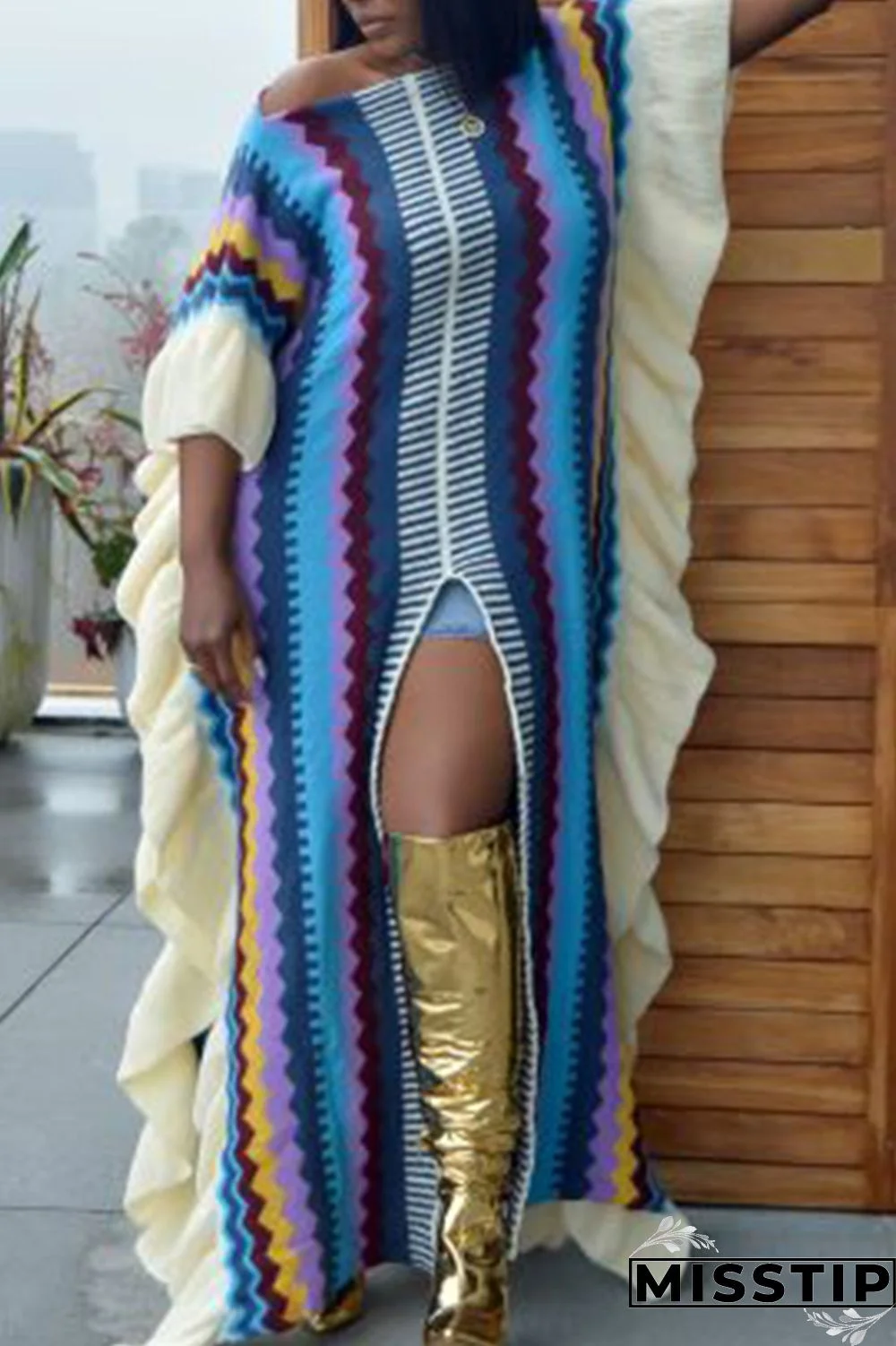 Blue Casual Print Patchwork Flounce Slit O Neck Straight Dresses