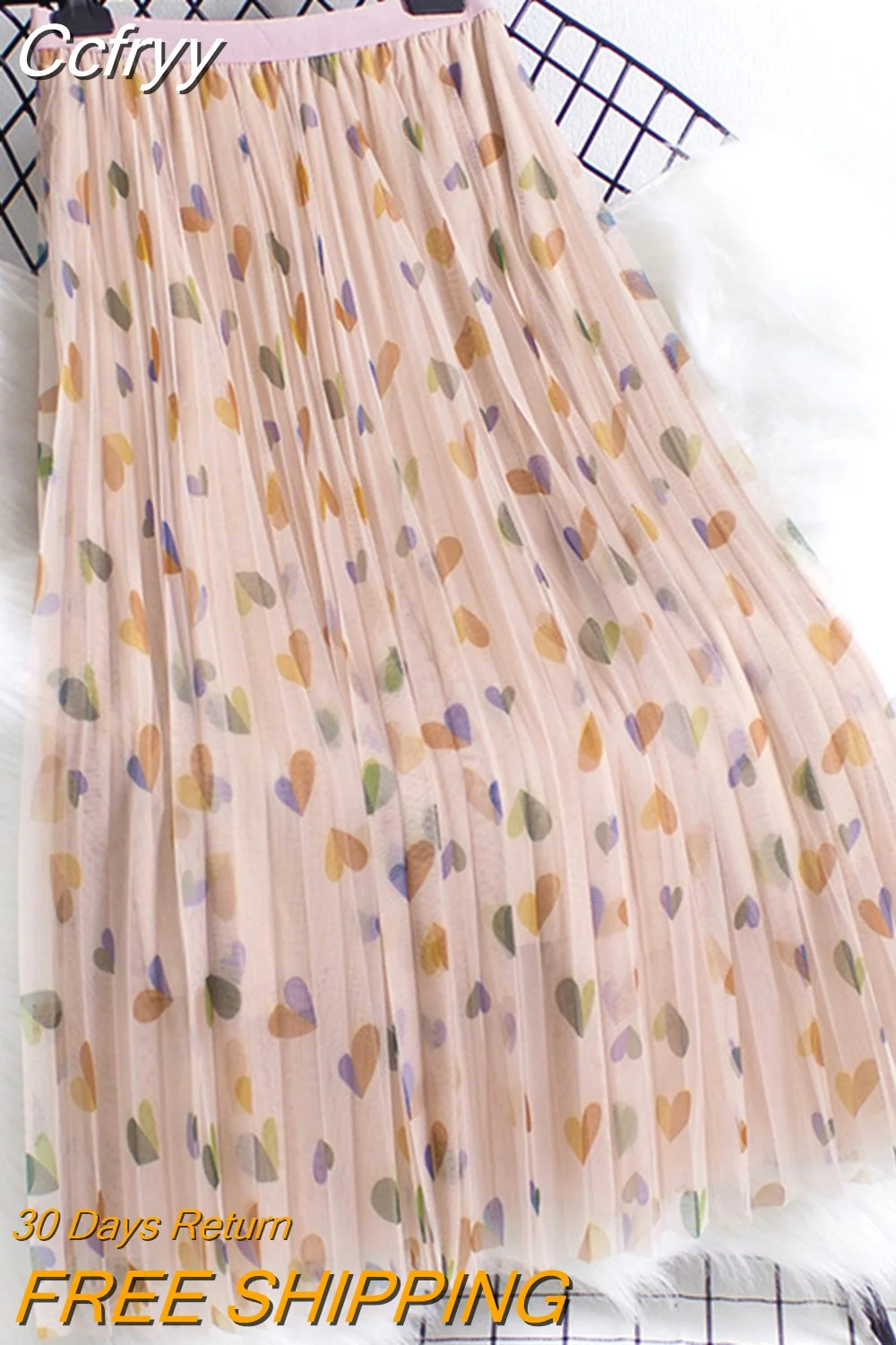 Huibahe Spring Summer Heart Print Tulle Skirts Floral Fashion Midi Length Mesh Tutu Long Skirts Chic Casual Gauze Skirt QT1553