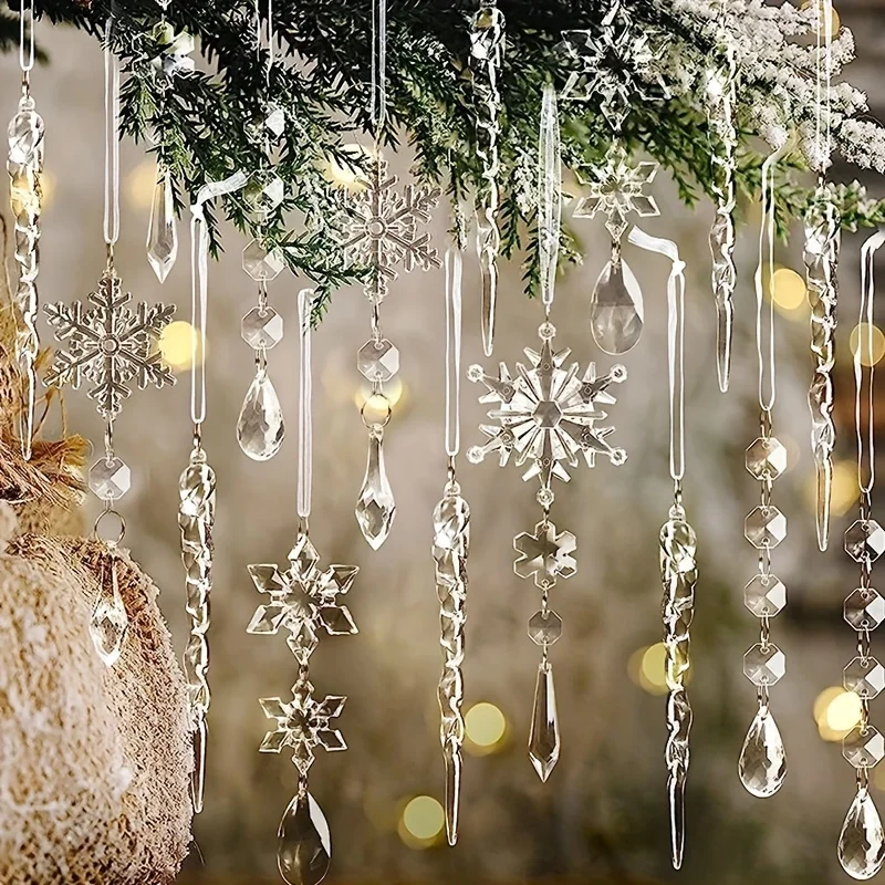 10pcs Crystal Christmas Ornaments For Christmas Tree Decorations-Hanging Acrylic Snowflake And Icicle Ornaments With Drop Pendants For Christmas Tree New Year Party Decorations Supplies