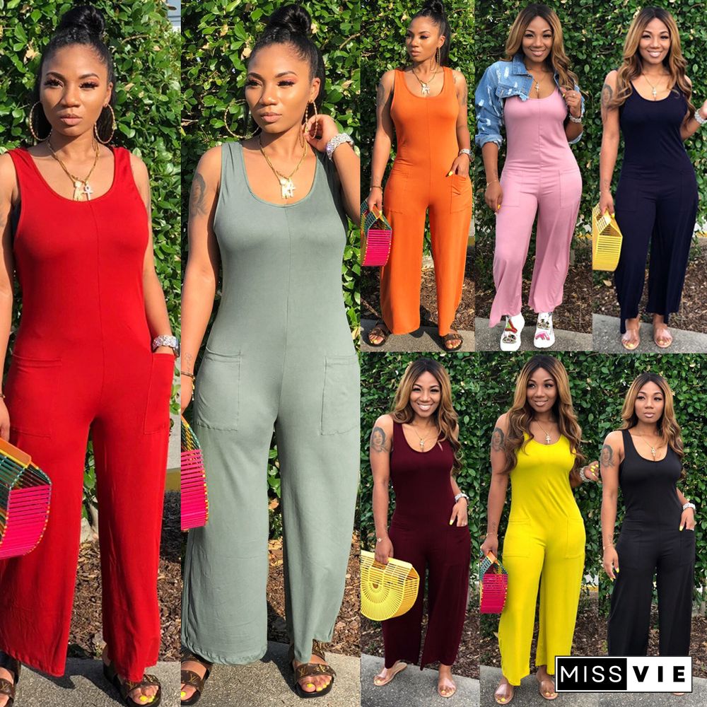 Round Neck Sleeveless Wide Leg Nightclub Women Jumpsuits