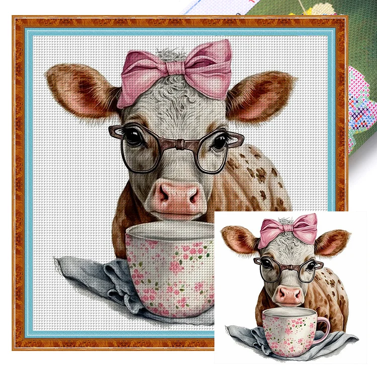 【Huacan Brand】Cow On Teacup 11CT Stamped Cross Stitch 40*40CM
