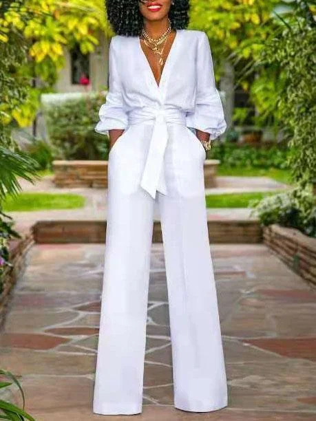 White elegant v-neck high waist tei-up long sleeves  jumpsuit-zachics