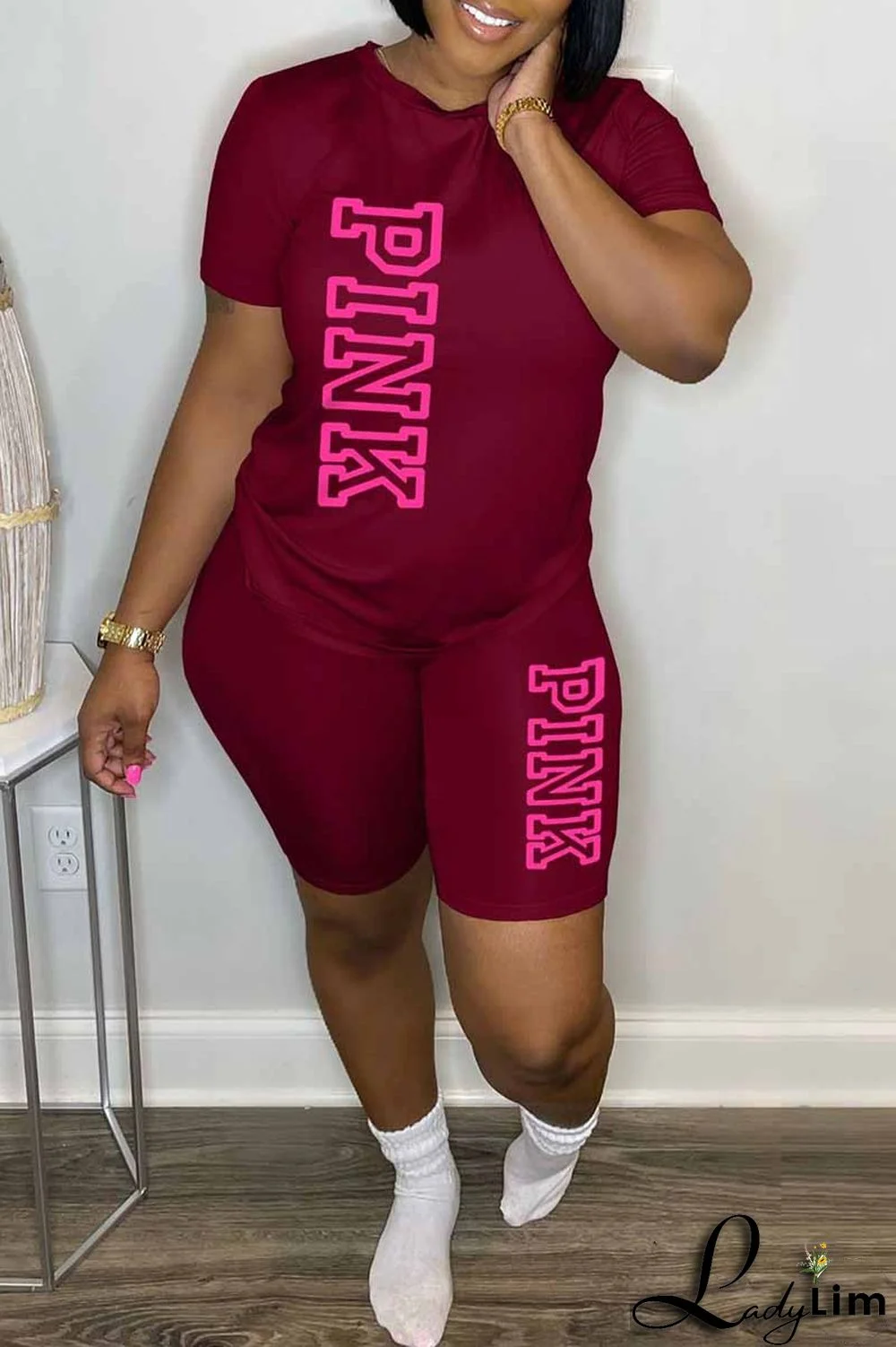 Blue Casual Print Letter O Neck Short Sleeve Two Pieces