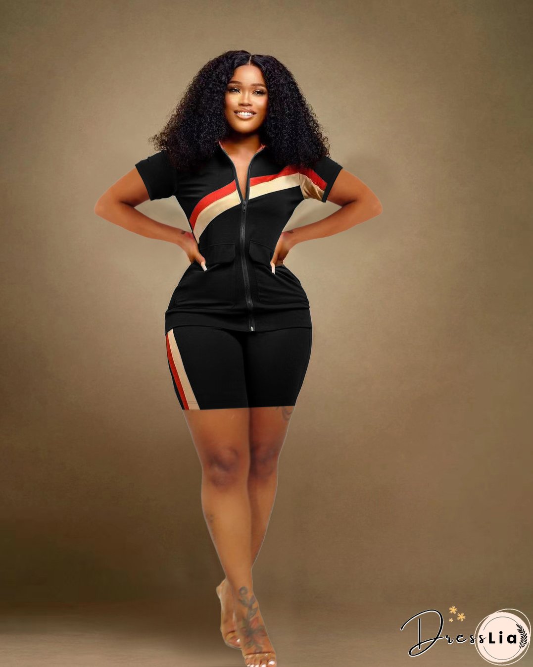 Women's Sports Casual Fashion Zip Pocket Top Shorts Two-Piece Set