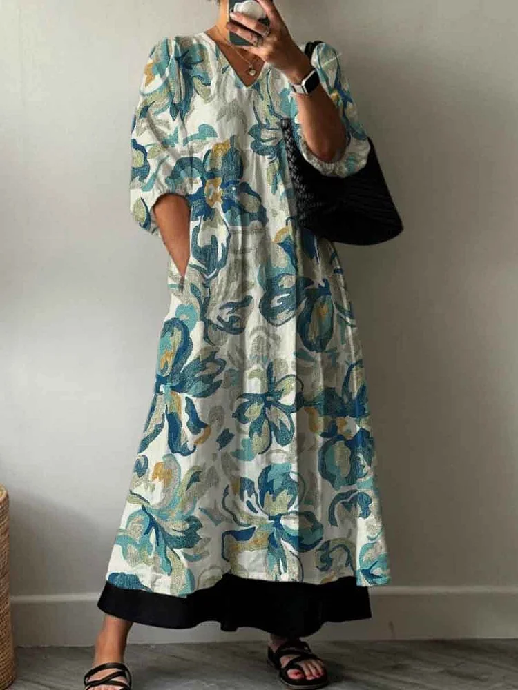 Blue Flower Decorative Pattern Pocket V-neck Cotton Dress