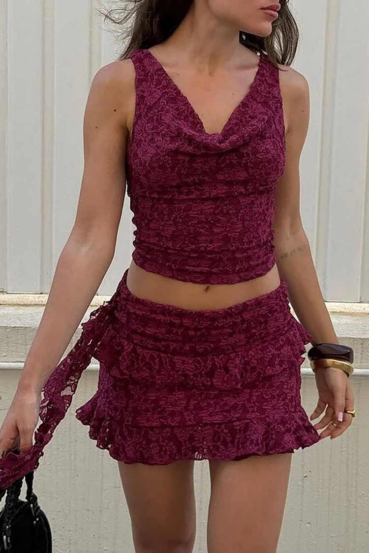Jacquard Cowl Neck Crop Tank Top Ruffled Mini Skirt Set-Fuchsia [Pre Order]