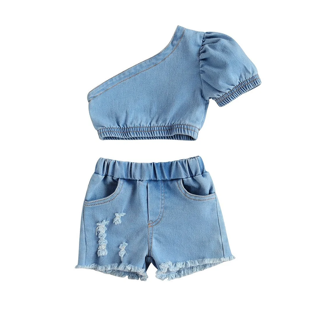 2021 Baby Summer Clothing Girl Two Piece Set, Kid Single Shoulder Crop Tops Shirt Ripped Denim Shorts With Pockets for Children