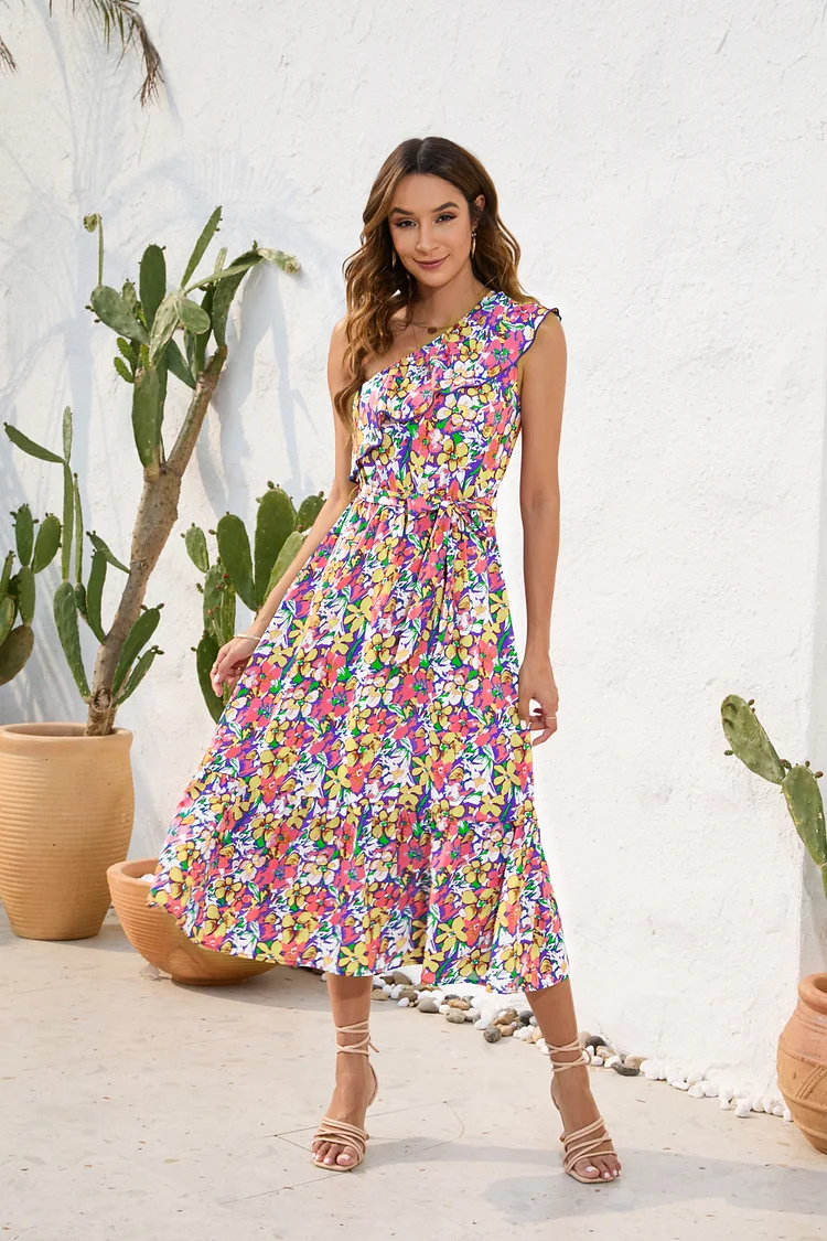 Bohemian Slant Shoulder Floral Print Casual Resort Swing Midi Dress