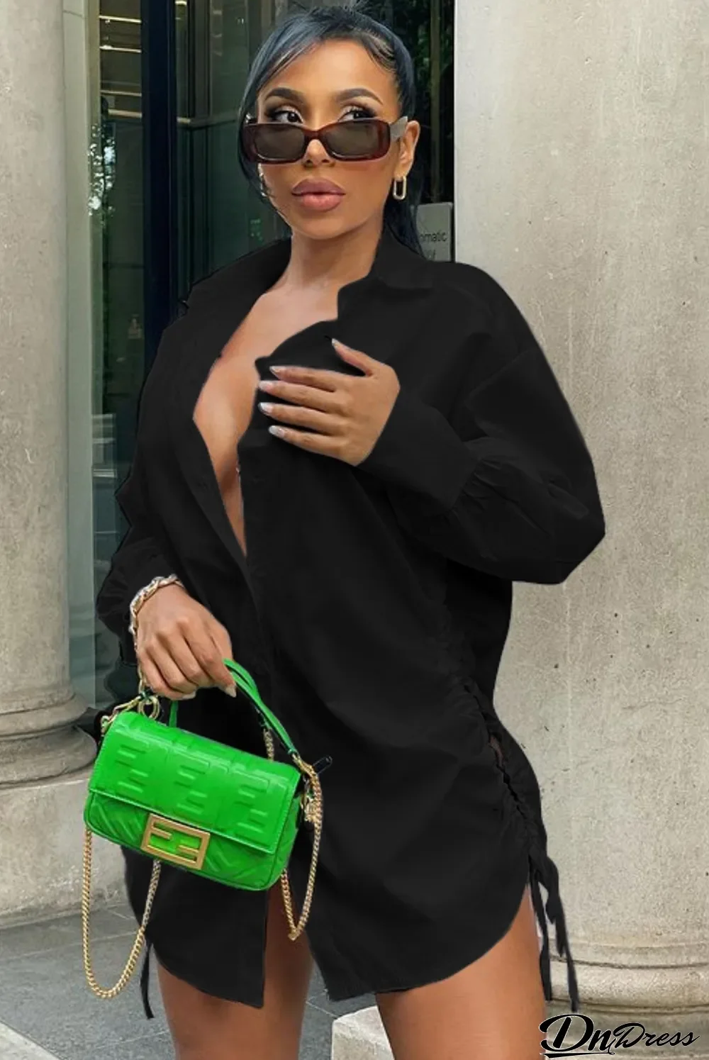 Autumn Black Puff Sleeves Side Strings Short Blouse Dress