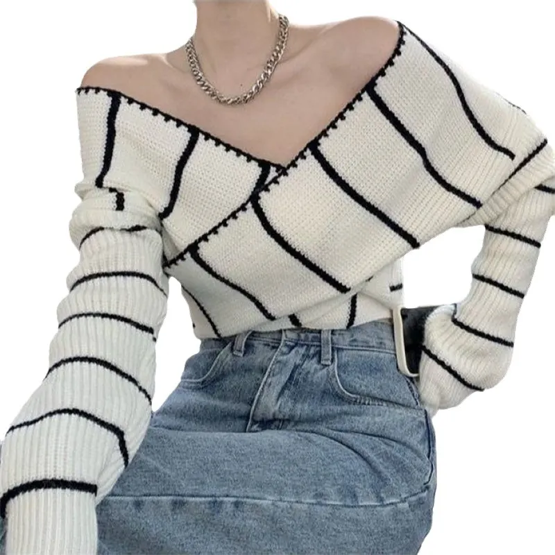 Churchf Churchf Girl Cross One Word Shoulder Striped Top Spring New Chic Retro Sexy Off The Shoulder Long Sleeves Show Skinny Knit