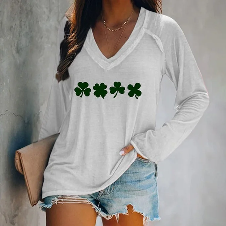 VChics Women's St Patricks Day Clover Print V Neck Long Sleeve T-Shirt