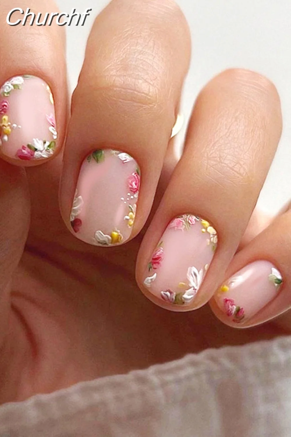 Churchf Wave Line Short Ballet French False Nails With Flower design Square Head Fake Nail Tips Simple Wearable Press On Nails-Nail Inspo