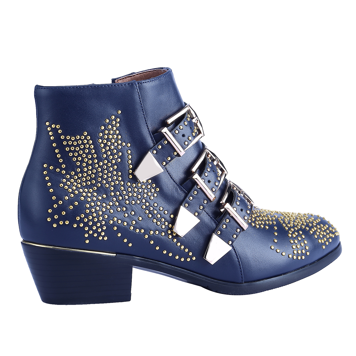 Women's Rivets Metal Buckle Low Heels Ankle Boots Navy Blue Gold-vocosishoes