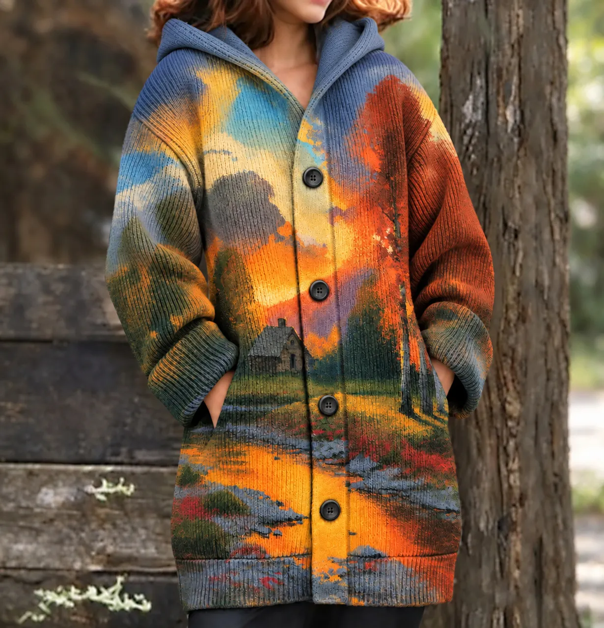 Comstylish Women's Autumn Landscape Print Knitted Hooded Cardigan