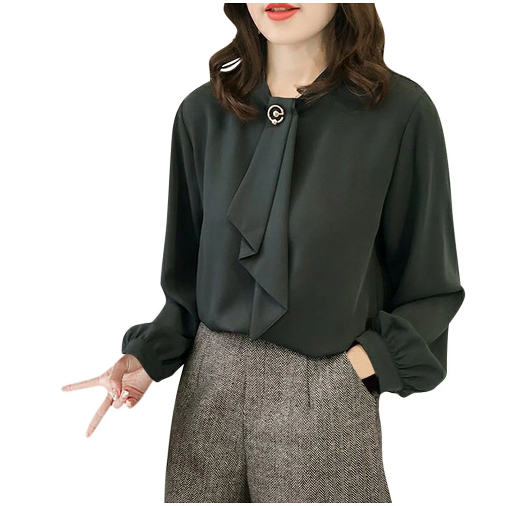 Spring Women Chiffon Blouse Long Lantern Sleeve O-Neck Casual Tops Button Tie Solid Shirts womens tops and blouses Elegant Shirt