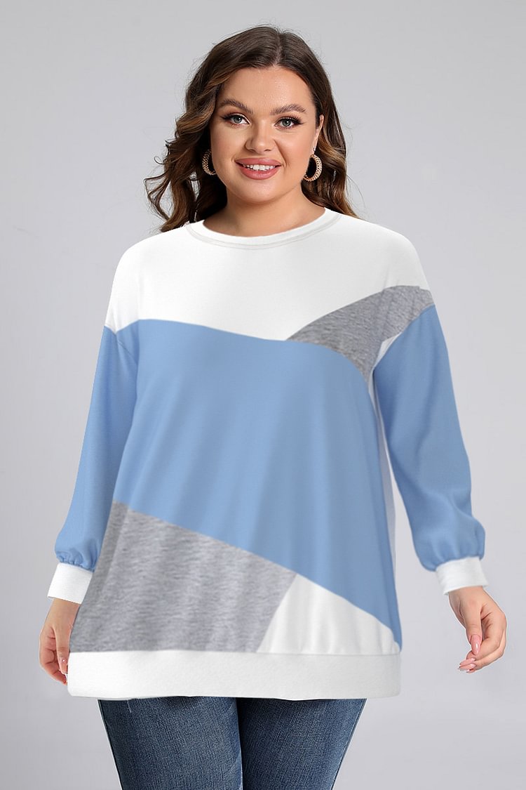Flycurvy Plus Size Casual Light Blue Colorblock Patchwork Rib Knit Sleeve Sweatshirt  flycurvy [product_label]