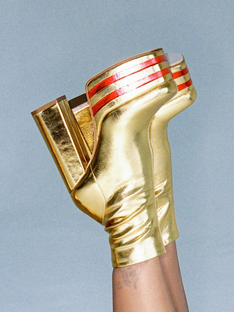 Gold Metallic Bright Chunky Heel Platform Square Toe Ankle Boots
