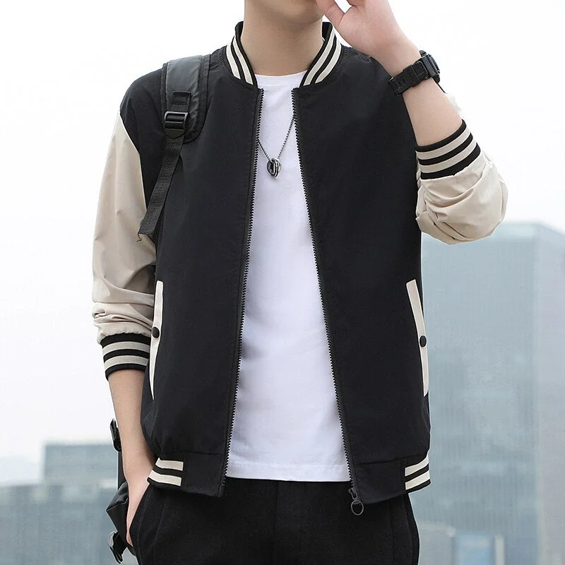 Aonga Fashion Hot Men Baseball Jacket Zipper Solid Color  Rib Sleeve Casual Bomber Jacket  Spring&Autumn Loose Men Outwear M-5XL