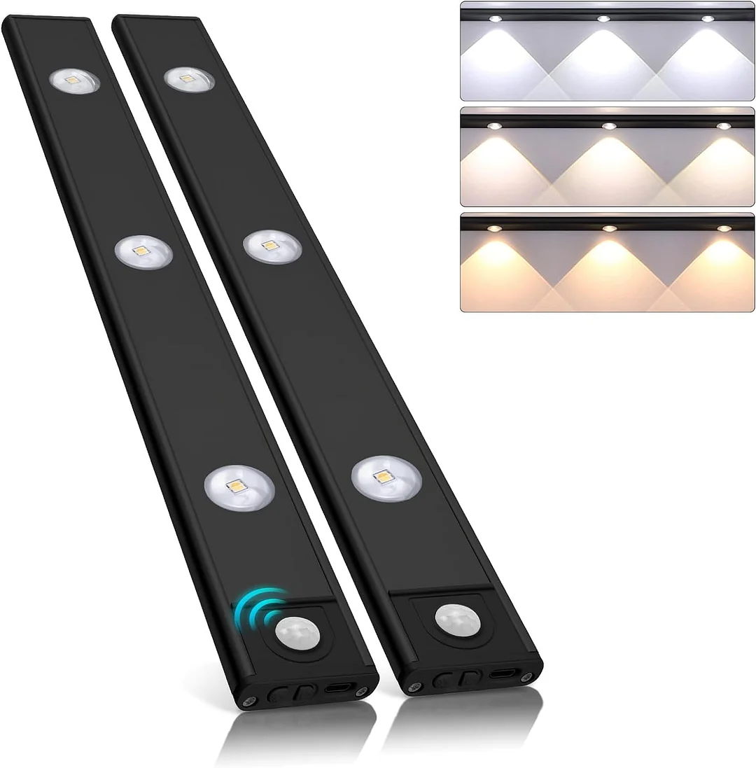 Under Cabinet Lights 2 Packs, 3 Color Temperatures Dimmable Motion Sensor Closet Lights,1500mAh 15.7" Wireless USB Rechargeable Magnetic Under Counter Light for Kitchen/Wardrobe/Hallway/Stair (Silver)