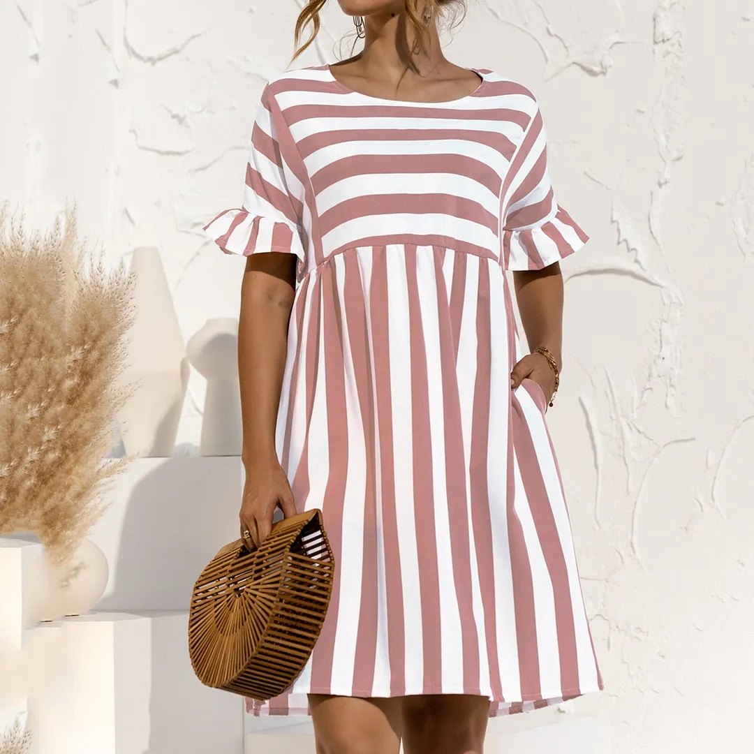 Women Summer Dress Fashion Striped Print Ruffles Sleeves Loose Dresses Elegant O Neck Plus Size Party Female Mini Dress Vestidos