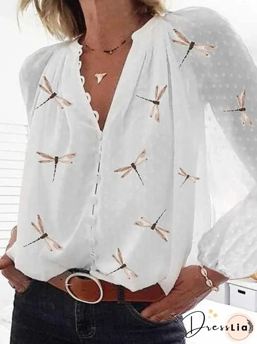 Women Casual Chiffon Floral Long Sleeve V Neck Blouse