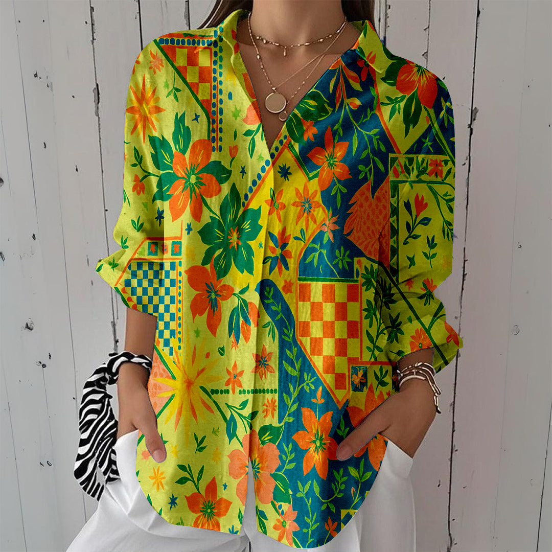 Women Long Sleeve V-neck Graphic Floral Printed Top