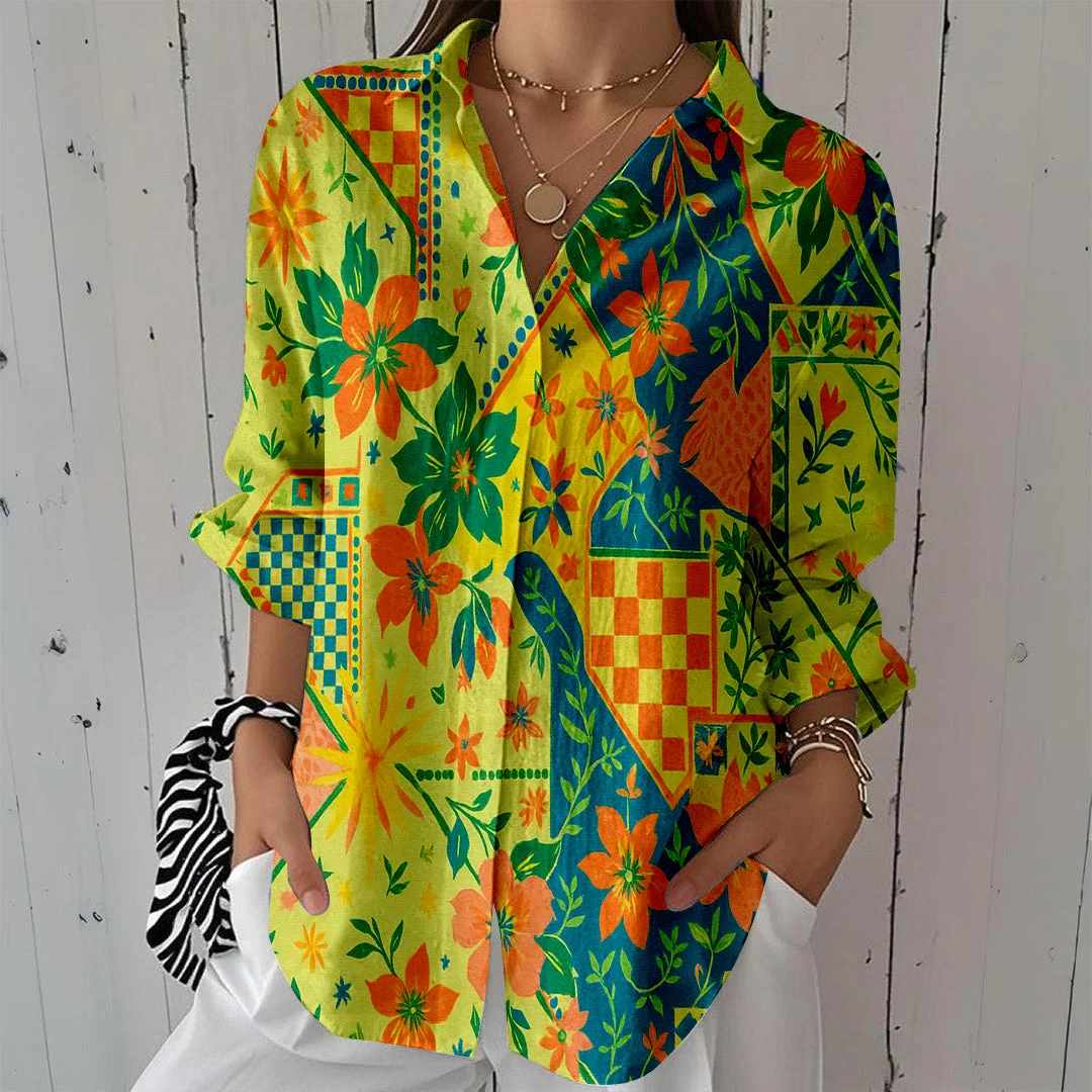 Style & Comfort for Mature Women Women Patchwork, Floral, Yellow, Orange DZCL0205 3/4 Sleeve Shirt Collar Printed Button Tops