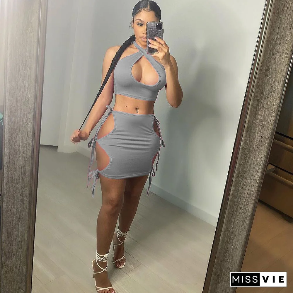Halter Backless Crop Tops Hollow Out Lace Up Skirt Sets