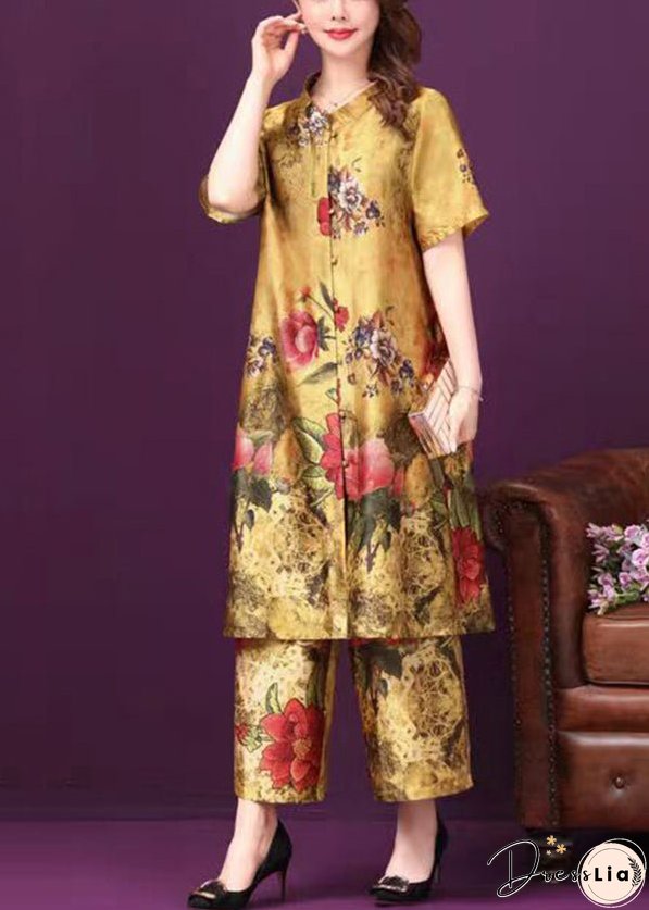 Yellow Stand Collar Pockets Floral Print Silk Two Pieces Set Short Sleeve