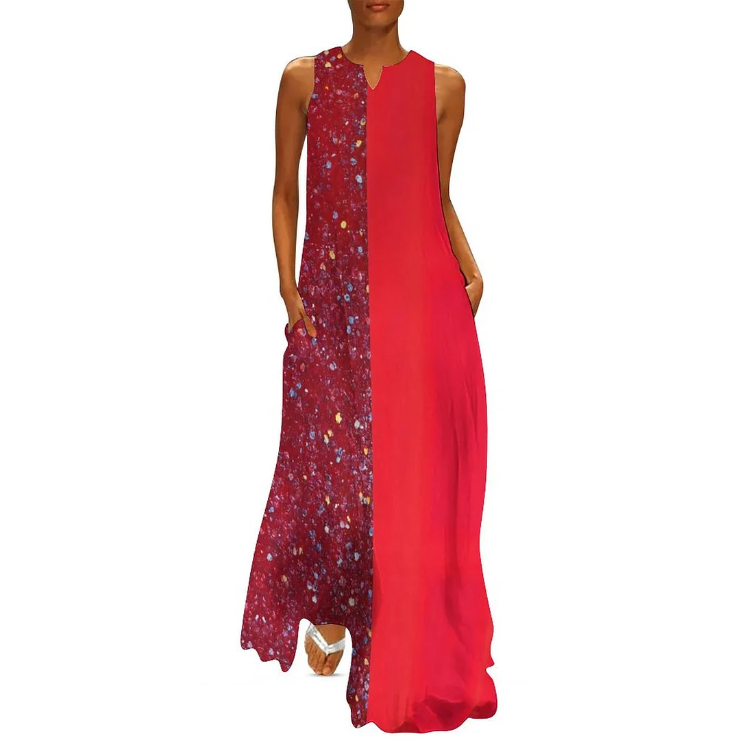 Style & Comfort for Mature Women Plus Size Printed Sleeveless Casual Women Maxi Dress with Pockets in Pattern Red, Glitter, Patchwork