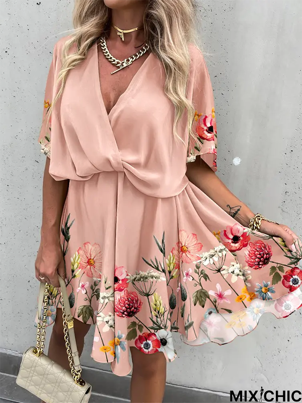 Floral V Neck Casual Dress