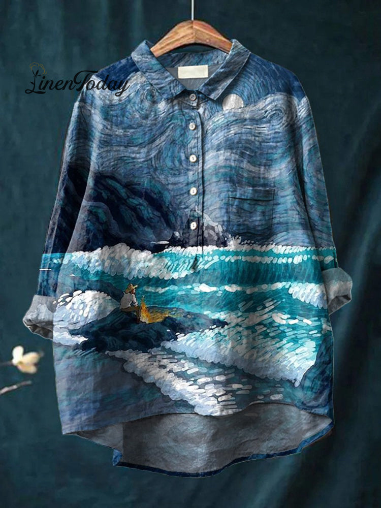 Van Gogh And Night Sea Art Printed Women’s Casual Cotton Linen Shirt Multicolor / S