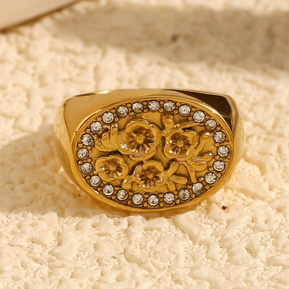 Ins Fashion Retro Niche Jewelry Stainless Steel Plated 18K Gold Seal Flower Ring Female