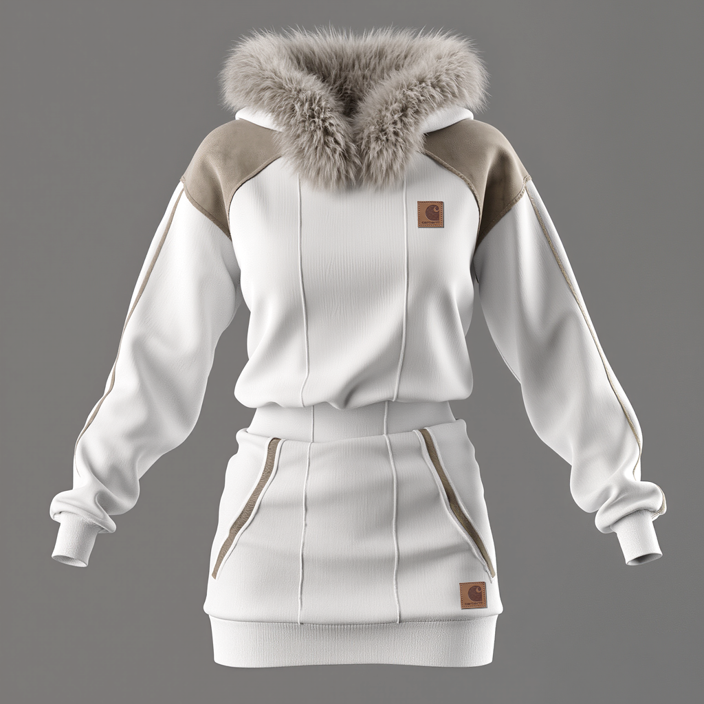 Winter Fashion White Hooded Jacket With Fur Trim And Matching Skirt Set