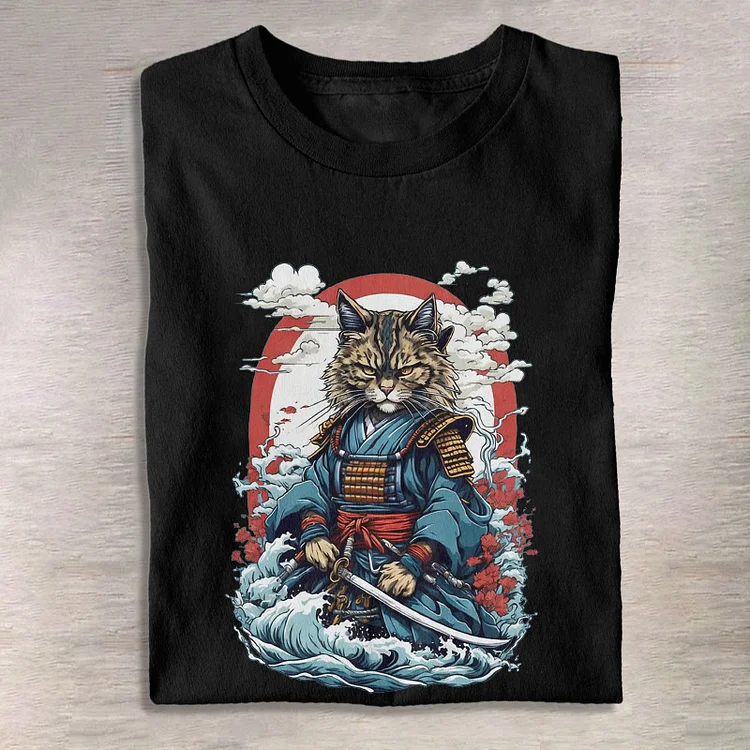 100% Cotton Japanese Wave Samurai Cat Print T-shirt