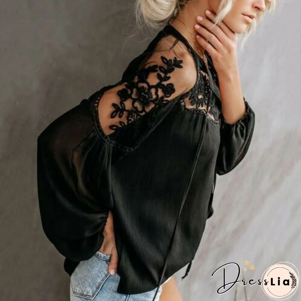 Black Chiffon Lace Panel Women's Mesh Lace Crochet Balloon Sleeve Shirt Loose White