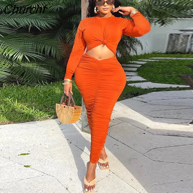 Churchf Long Pleated Dress Women Hollow Out Draped Bodycon Sundress Party Club Dresses Summer Clothings 2023