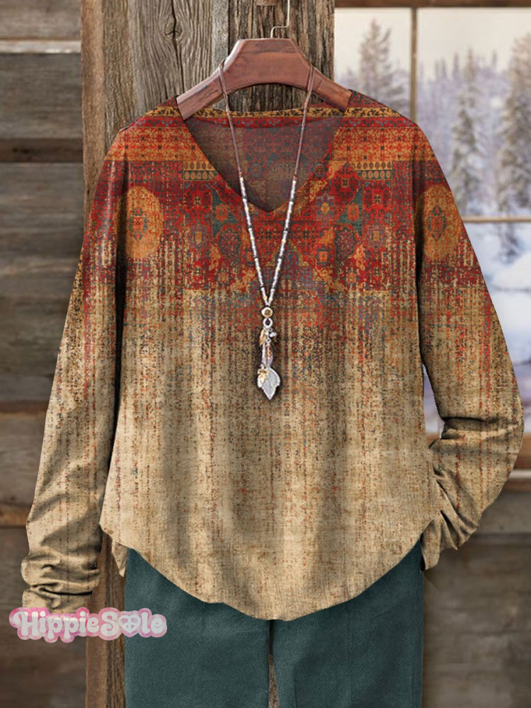 Women’s Vintage Ethic Print Casual V-Neck Long Sleeve T-Shirt Multicolor / S