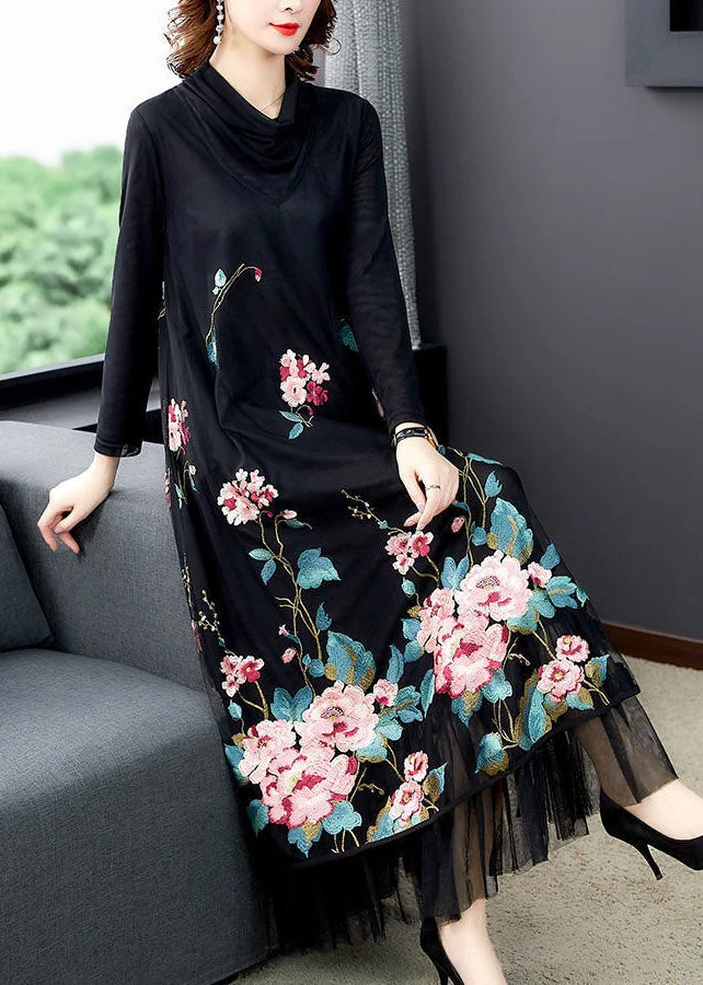 Natural Black Embroideried Patchwork Silk Holiday Dress Spring