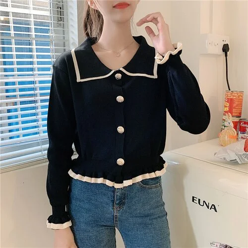 Cardigans Women Turn Down Collar Fungus Line Sweet Autumn All-match Students Knitting Vintage Large Size 5XL Slender Fashion Ins