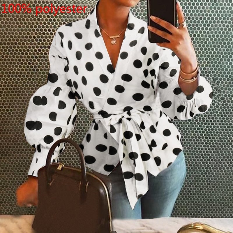 Celmia 2022 Fashion Women Blouse Elegant Lantern Sleeve Tunic Shirts Summer Casual Belted Solid Sexy V-Neck Tops Elegant Blusas