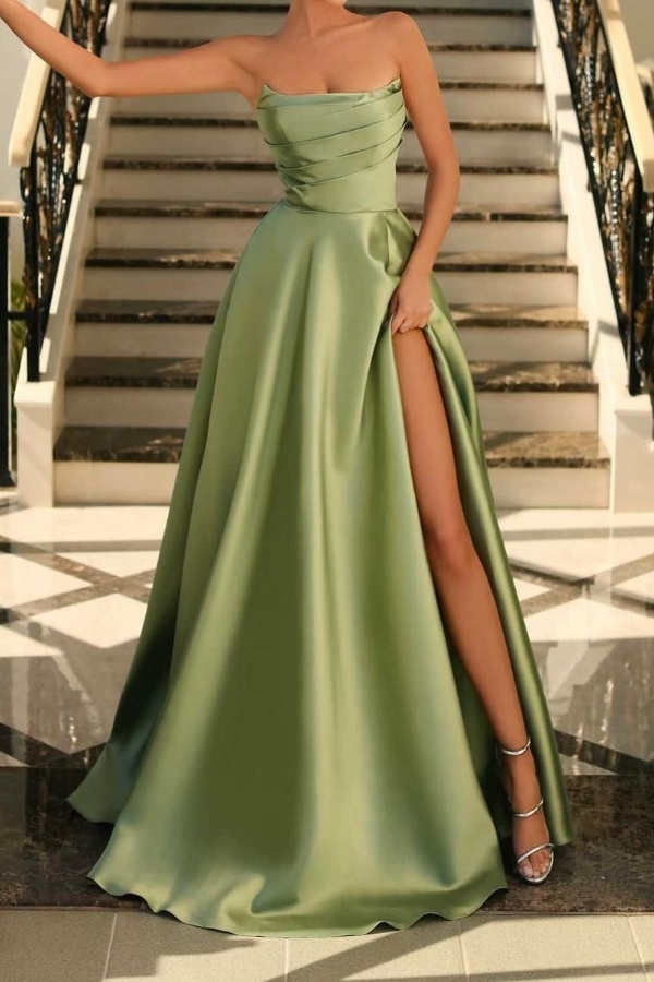 Ovlias Green Strapless Straight Across Prom Dress Floor Length Pleated with Split JQ0080