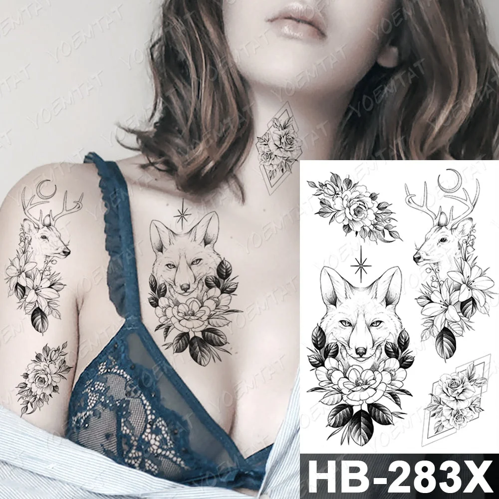 Waterproof Temporary Tattoo Sticker Line Fox Deer Flowers Flash Tattoos Lion Cat Tiger Snake Wolf Body Art Arm Fake Tatoo Women